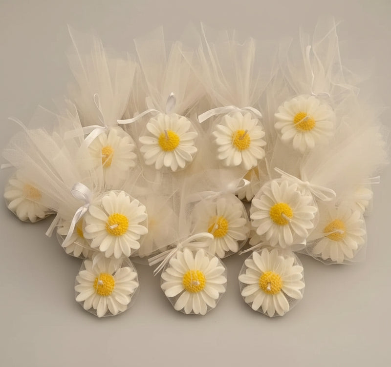 White flowers with yellow centers in sheer bags on a patterned background